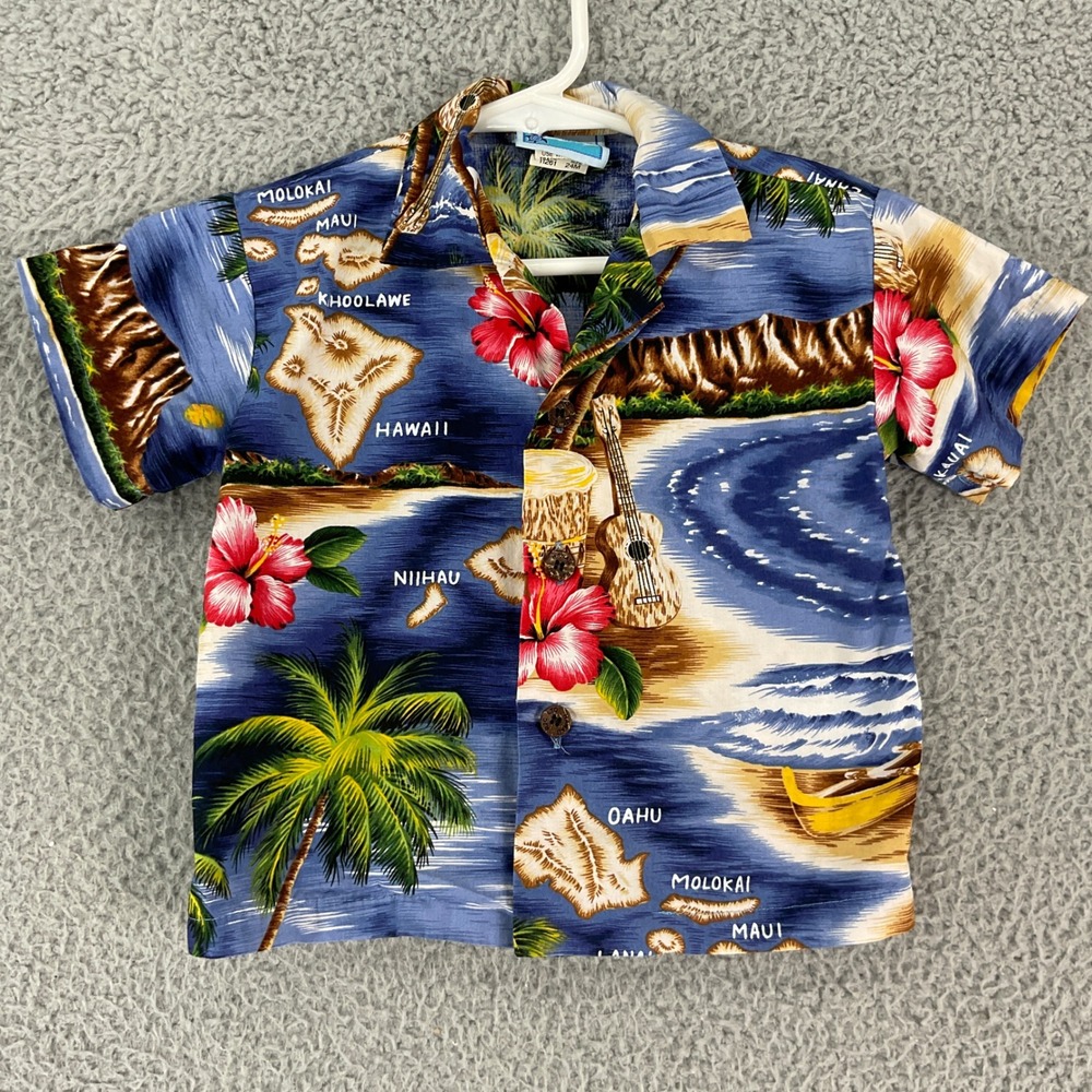 RJC Hawaiian Shirt Kids 24M Blue Island Map Tropical Hibiscus Cotton Aloha USA